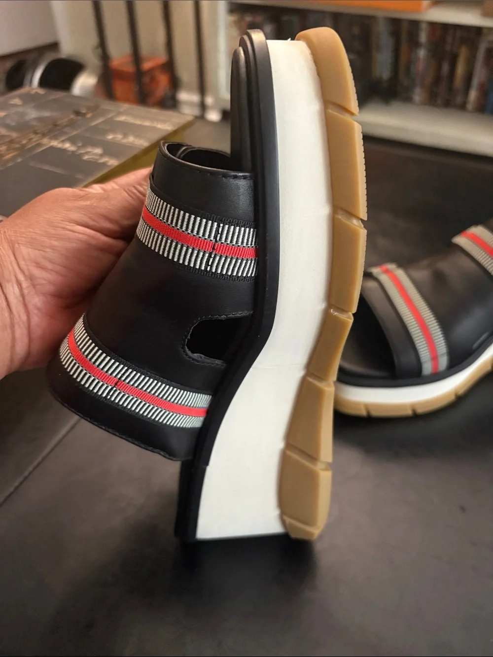 Sorel Black Slide Sandals with Red & White Stripes and Tan Sole